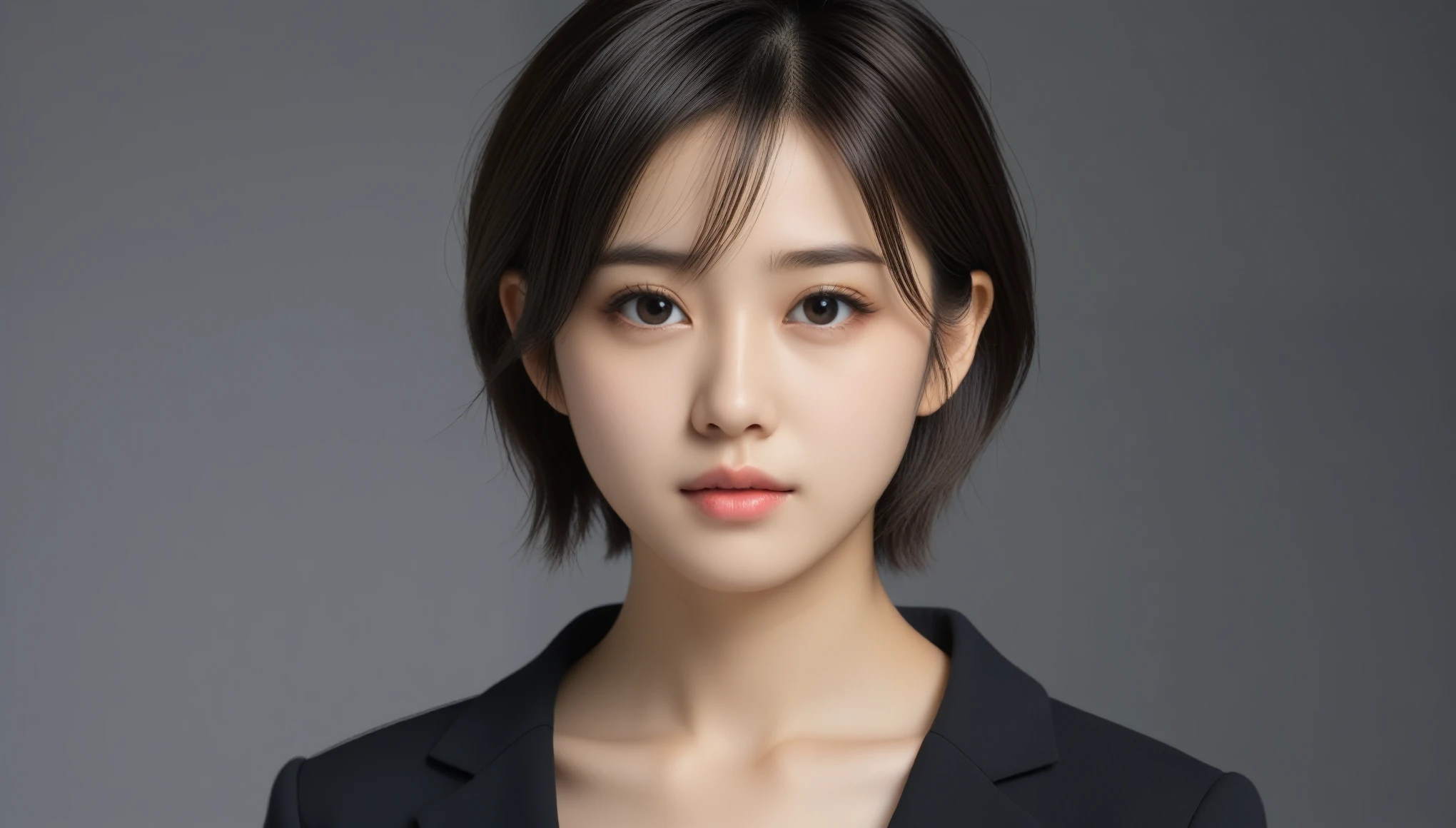 8k, Ultra-high resolution, Highest quality, masterpiece, 三分割法によるphotograph,Surreal, photograph, 1 Girl, (16 years old:1.3), pretty girl, Cute Face, Beautiful eyes in every detail, 細かくdetailedに,masterpiece,One Girl:1.2, Japan Female Announcer,upper body,from below,sad,streaming tears,Black short hair,Messy hair,(black suit:1.3),mourning clothes,(印象派の美しい少女のPortraiture), (Gray background:1.3),(Impressionist light and colour),Realistic Skin, Perfect and beautiful face ,完璧でCute Face, Skin with attention to detail, Perfect limbs、Narrow waist,Looking at the audience、beauty,Long neck,clavicle,(((Ideal body type))),A cup small breasts :2,Portraiture:2,Perfect Anatomy,鮮明なdetailed,detailed,Surreal,Light and shadow,spotlight