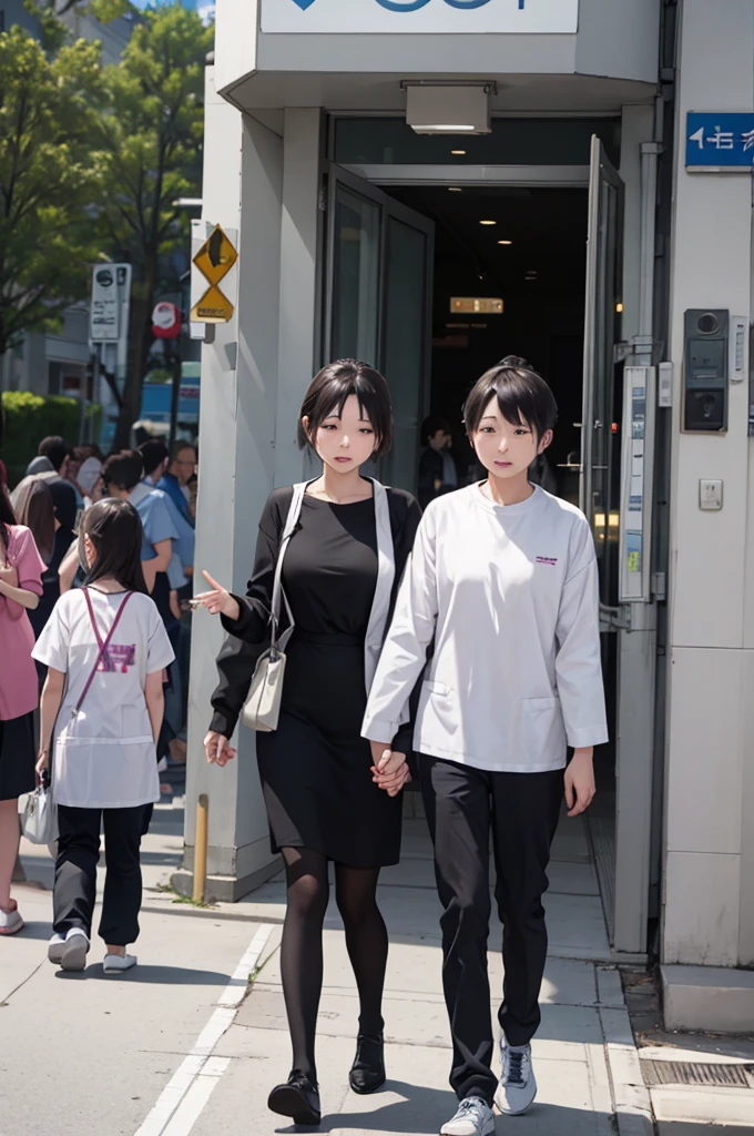 There were many people walking in front of the hospital.