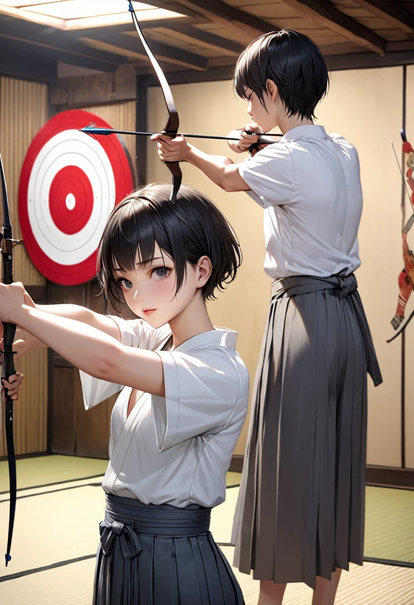 {{masterpiece、Highest quality、(((Realistic、Realistic:1.37)))、One Girl, 8K quality、Very delicate and beautiful、wonderful、Large file size、Very detailed、Very detailed、Cinema Lighting}}、Small breasts, Hinyuu,Tomboy,Looks like a boy,Very short hair,Black Hair,Boys Haircut,Short sleeve,,Bow and Arrow,Target,aiming Target,(White kimono) (Gray Hakama),kimono,Japanese Dojo, Drawing Bow Anatomically Accurate Body Drawing、The rooms and gardens of Japanese feudal lords'residence of、With a bow and arrow in hand,Combat Stance