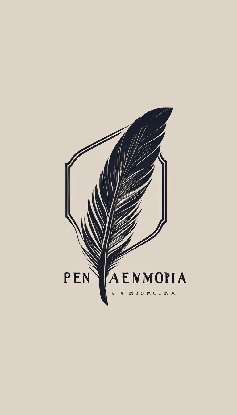 A minimal, modern, simple, cinematic, minimalistic logo design for the brand “Penamemoria". The logo design must convey a inspirational, creative companionship between a simple, poetic feather and a boy with an acoustic guitar. The logo must convey a sense of music, stories and dreams. Logo design impressed on a book cover. Minimalistic logo