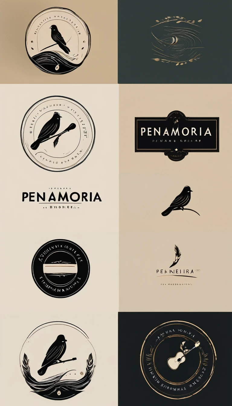 A minimal, modern, simple, cinematic, minimalistic logo design for the brand “Penamemoria". The logo design must convey a inspirational, creative companionship between a simple, poetic feather and a boy with an acoustic guitar. The logo must convey a sense of music, stories and dreams. Logo design impressed on a book cover. Minimalistic logo