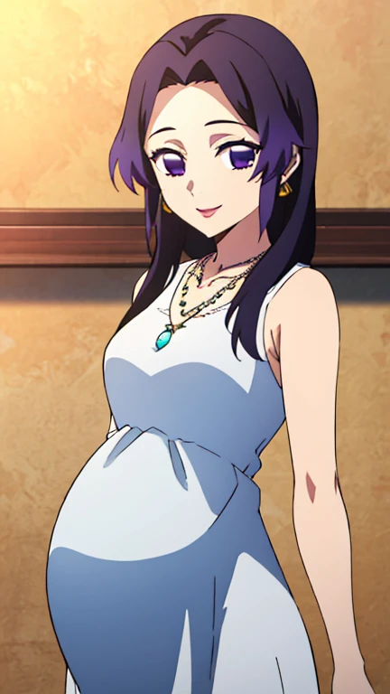(Top Quality, 8K, High Resolution, Masterpiece: 1.2), Anime Art Style, Shinobu Kocho, 1 Girl, Perfect Face, Perfect Eyes, Soft Expression, Medium Breasts, Purple Hair, Long Hair, Pretty Parted bangs, purple eyes, narrow eyes, ((white dress, white clothes dress, Both shoulders exposed, necklace, earrings, smile, cowboy shot)), viewer appreciation, pregnant 