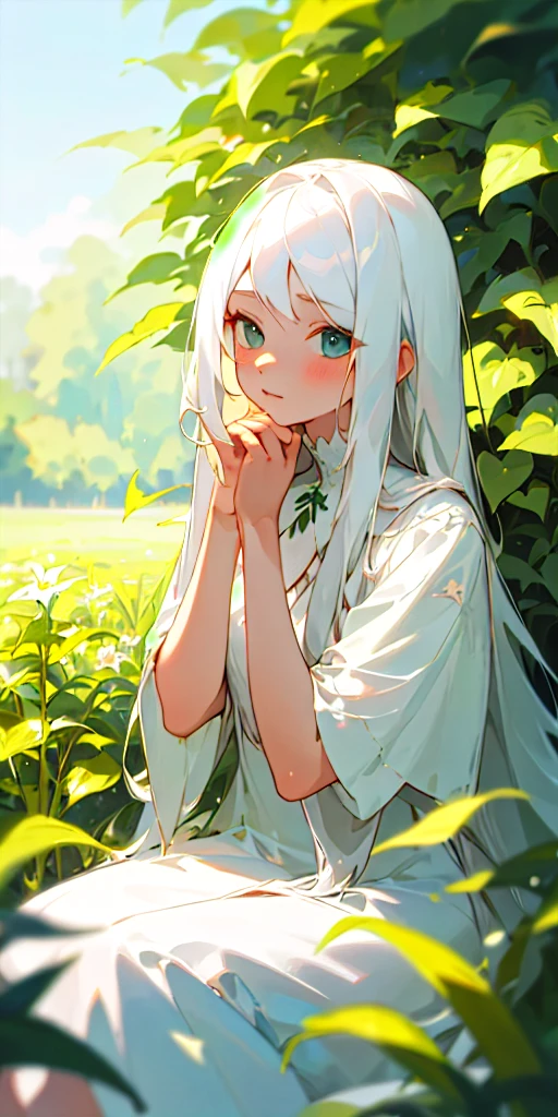 (masterpiece, best quality),1girl with long white hair sitting in a field of green plants and flowers, her hand under her chin, warm lighting, white dress, blurry foreground