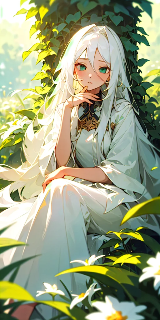 (masterpiece, best quality),1girl with long white hair sitting in a field of green plants and flowers, her hand under her chin, warm lighting, white dress, blurry foreground