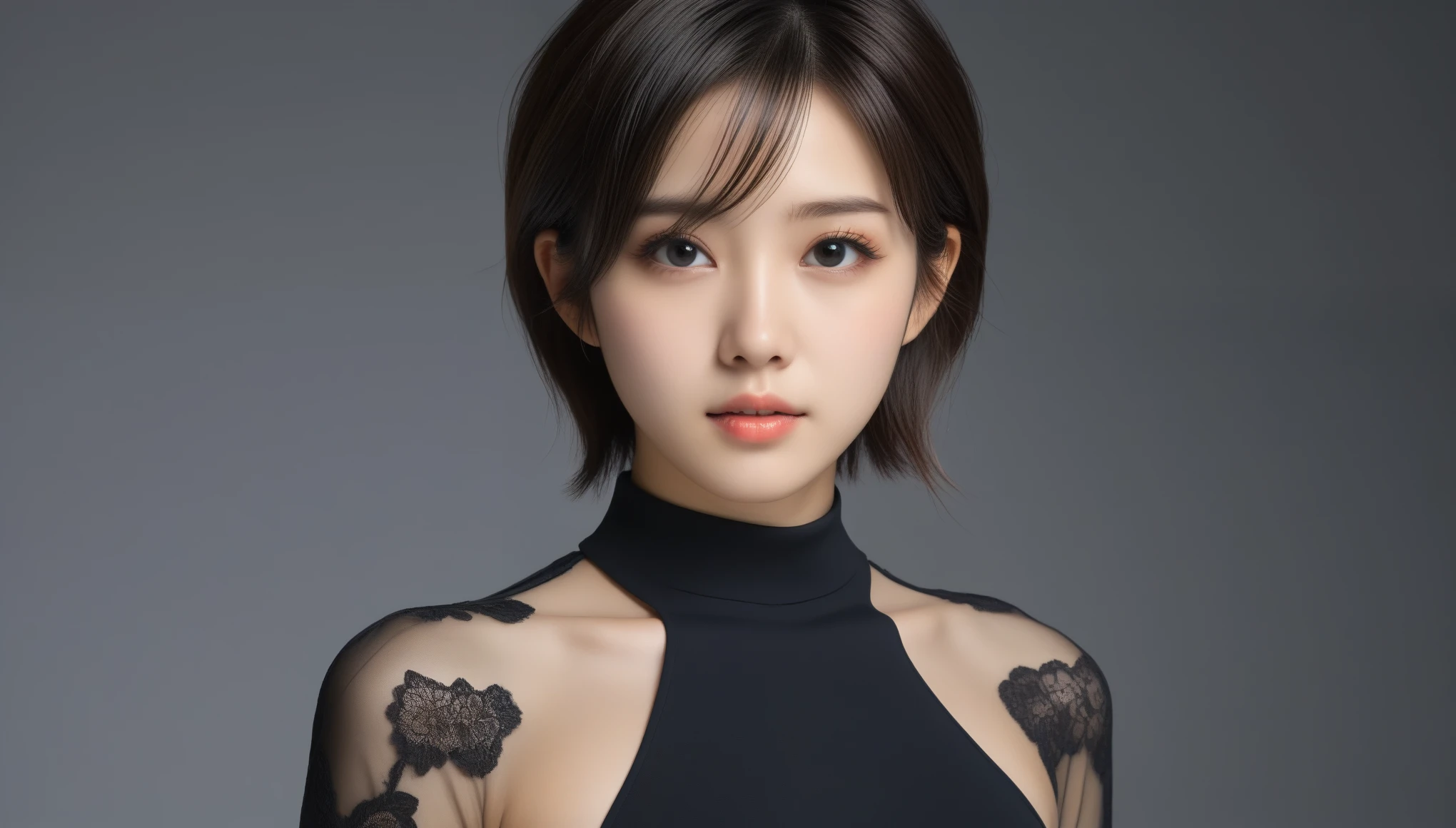 8k, Ultra-high resolution, Highest quality, masterpiece, 三分割法によるphotograph,Surreal, photograph, 1 Girl, (16 years old:1.3), pretty girl, Cute Face, Beautiful eyes in every detail, 細かくdetailedに,masterpiece,One Girl:1.2, Japan Female Announcer,upper body,from below,sad,streaming tears,Black short hair,Messy hair,(black suit:1.3),mourning clothes,(印象派の美しい少女のPortraiture), (Gray background:1.3),(Impressionist light and colour),Realistic Skin, Perfect and beautiful face ,完璧でCute Face, Skin with attention to detail, Perfect limbs、Narrow waist,Looking at the audience、beauty,Long neck,clavicle,(((Ideal body type))),A cup small breasts :2,Portraiture:2,Perfect Anatomy,鮮明なdetailed,detailed,Surreal,Light and shadow,spotlight