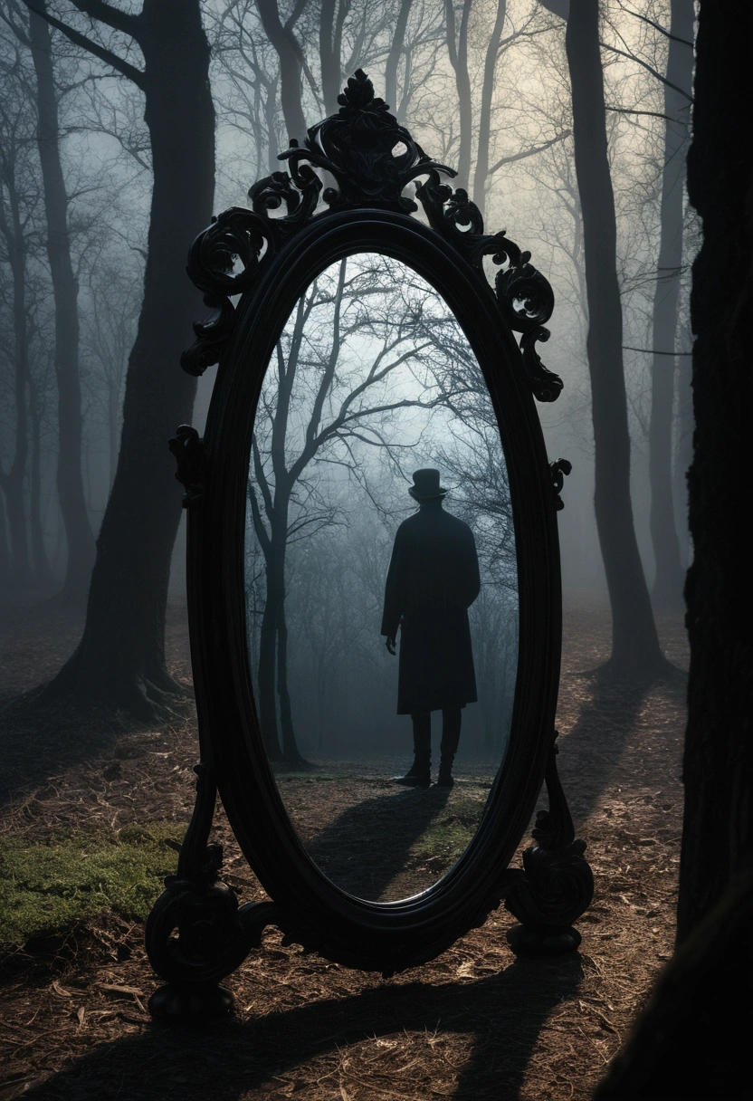 a shadow trapped in a mirror, dark void, trees, fog, digital painting, intricate details, cinematic lighting, moody colors, dramatic atmosphere, photorealistic, hyperrealistic, (best quality,4k,8k,highres,masterpiece:1.2),ultra-detailed,(realistic,photorealistic,photo-realistic:1.37),dramatic lighting,somber tones,mystical,ethereal,dark fantasy,chiaroscuro,dramatic shadows,atmospheric,melancholic,pensive,introspective,evocative,haunting,mesmerizing