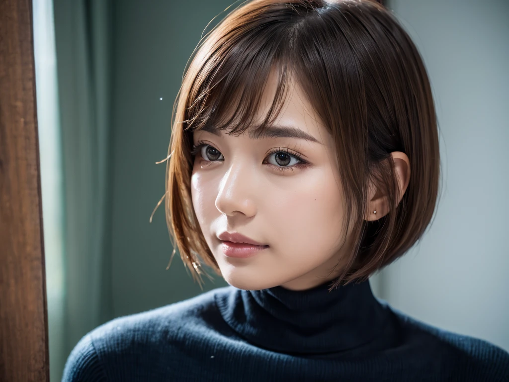 (((masterpiece, best quality,ultra-detailed,8k,high resolution))), (upper body),24 years old , 1girl, short hair, (put on Turtleneck to cover the half face)