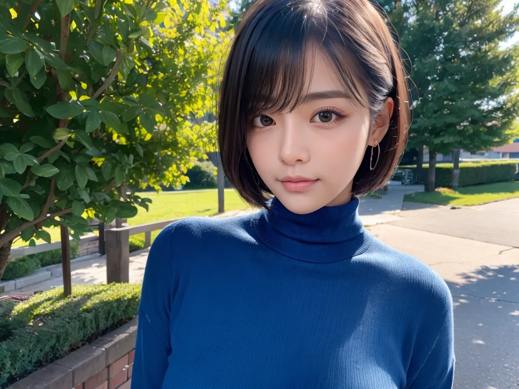 (((masterpiece, best quality,ultra-detailed,8k,high resolution))), (upper body),24 years old , 1girl, short hair, (put on Turtleneck to cover the half face)
