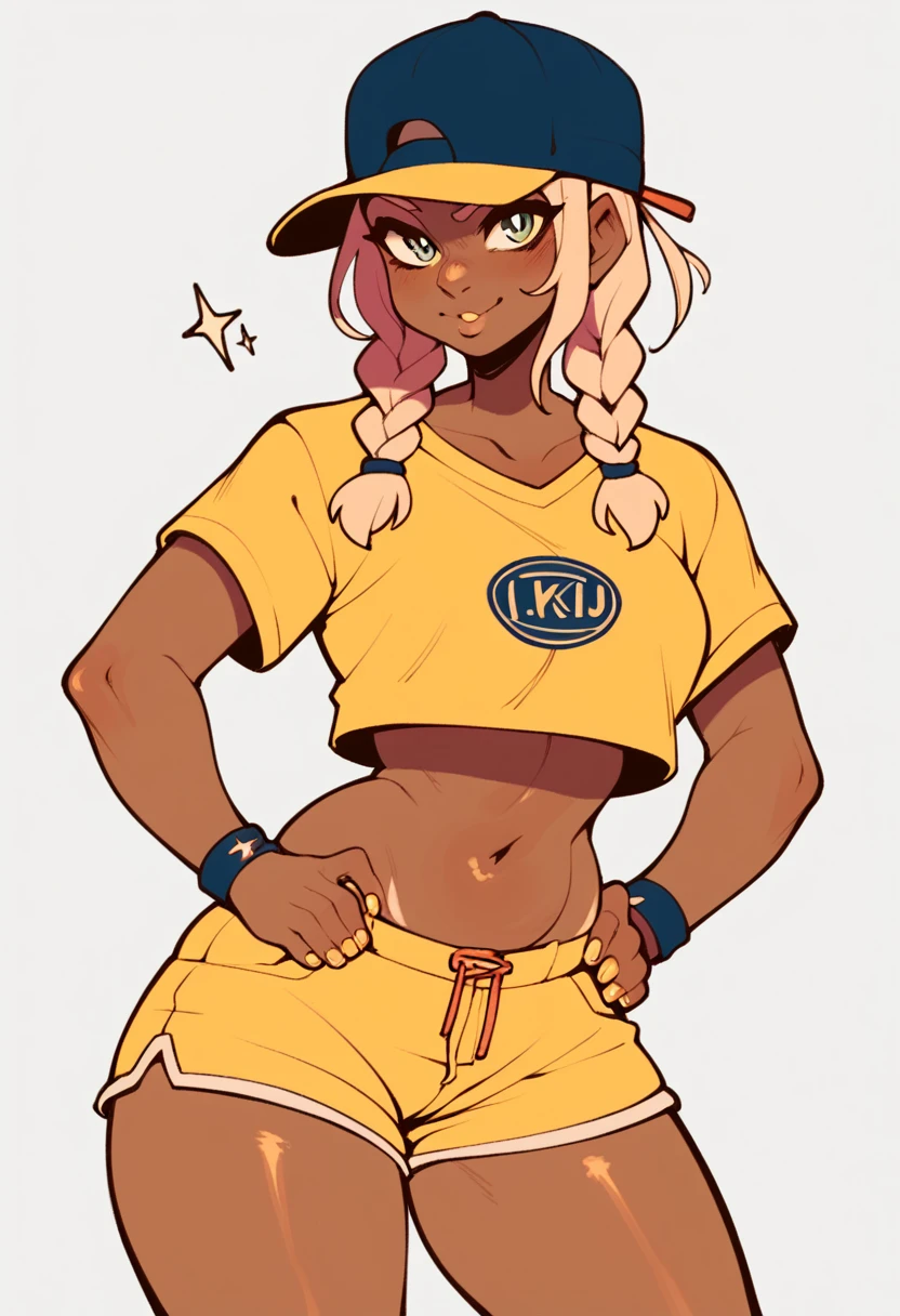 score_9, score_8_up, score_7_up, score_6_up, Character concept art of a dark skinned woman, twin braids, yellow top, khahki shorts, baseball cap, fashionable, thick outlines, line weight, high detail, white background,
