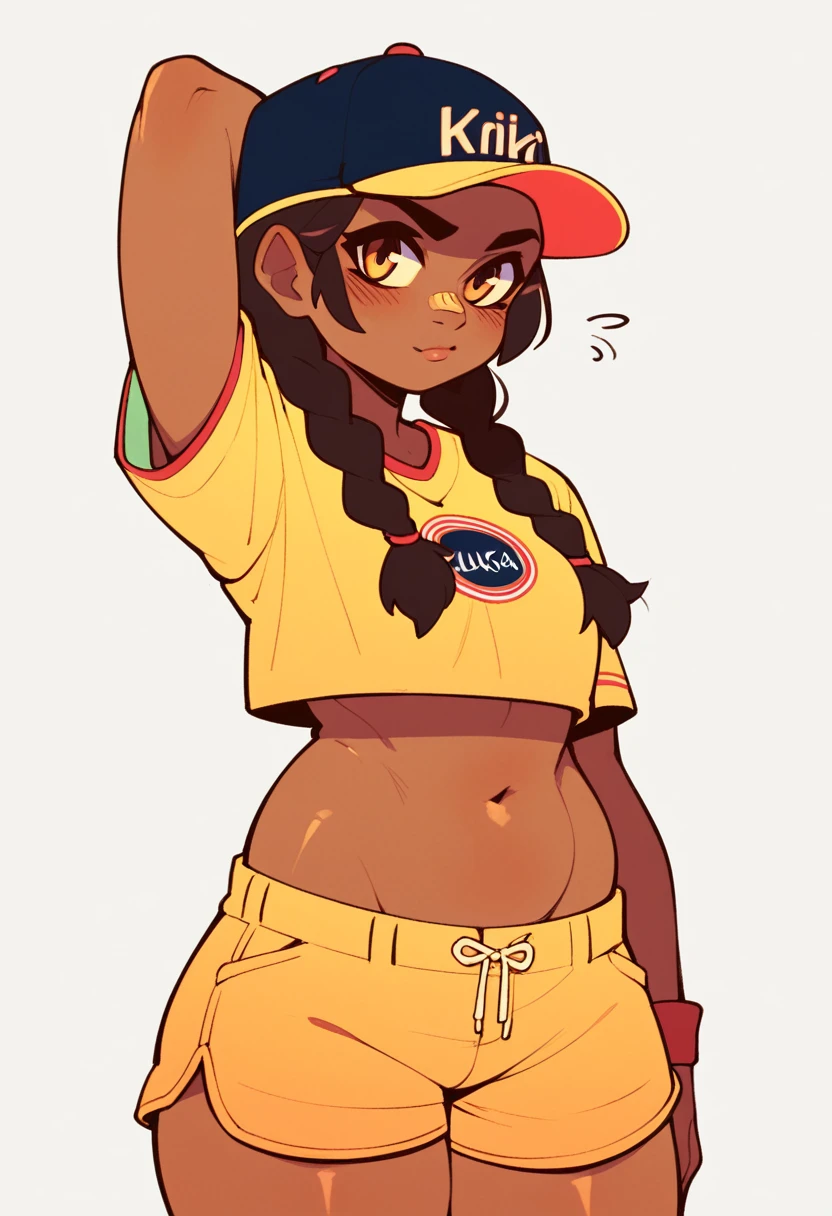 score_9, score_8_up, score_7_up, score_6_up, Character concept art of a dark skinned woman, twin braids, yellow top, khahki shorts, baseball cap, fashionable, thick outlines, line weight, high detail, white background,
