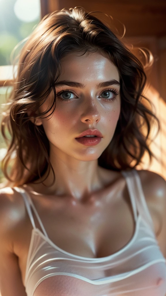 (((ultra realistic))) Photo, masterpiece, top quality, (pale skin), (Ultra detailed face and eyes:1.3), 1 girl, Adult, in a T-shirt, (Eye makeup, mascara) , ((large detailed lips)), ((ash wavy hair)), ((Chyolka)) , (Natural breasts), Slim waist. ((Posing)), photoshoot, studio (soft lighting), (The play of light and shadows), depth of field, bokeh, (special attention to skin detail: 1.2), Detailed leather texture, skin pores. (Airy atmosphere of the frame. Color range - delicate, Bright, white, Pink tones), UDR, ((Film grain)), ((rays)), ((glare of the sun)), ((waist up portrait, close to the camera)) , ultra detialed,