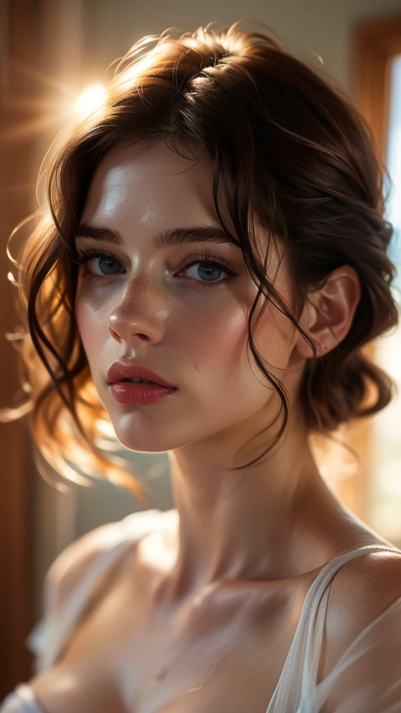 (((ultra realistic))) Photo, masterpiece, top quality, (pale skin), (Ultra detailed face and eyes:1.3), 1 girl, Adult, in a T-shirt, (Eye makeup, mascara) , ((large detailed lips)), ((ash wavy hair)), ((Chyolka)) , (Natural breasts), Slim waist. ((Posing)), photoshoot, studio (soft lighting), (The play of light and shadows), depth of field, bokeh, (special attention to skin detail: 1.2), Detailed leather texture, skin pores. (Airy atmosphere of the frame. Color range - delicate, Bright, white, Pink tones), UDR, ((Film grain)), ((rays)), ((glare of the sun)), ((waist up portrait, close to the camera)) , ultra detialed, 