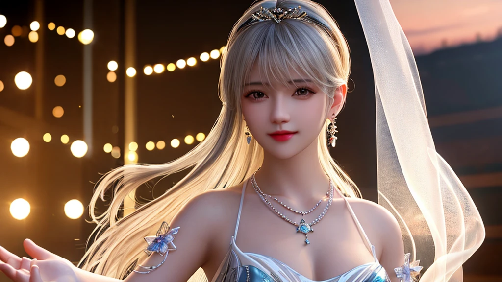 Best quality,masterpiece,high resolution,1 Girl,(((Barbico))),Clear silk porcelain dress,Cute face,Hair accessories,Looking at the audience,Smile,Shut up,Open lips,Shift Dress,Hair accessories,Necklace,Jewel-like,White hair,Earrings and Nipple Rings,Pretty Face,Physically,Tyndall effect,Reality,Dark Studio,Edge lighting,Two-tone lighting,(High Detail Skin:1.2),8K uhd,Digital SLR Camera,Soft Light,high quality,Volumetric Lighting,,Light Solution,high resolution,4K,8K,blur background