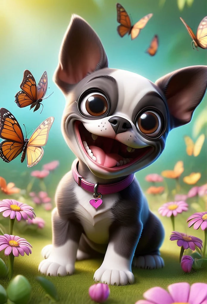 Adorable small tan boston Terrior puppy playing with black shih tzu puppies wearing sunglasses playing at park butterflies and flowers in background 3D Pixar style
