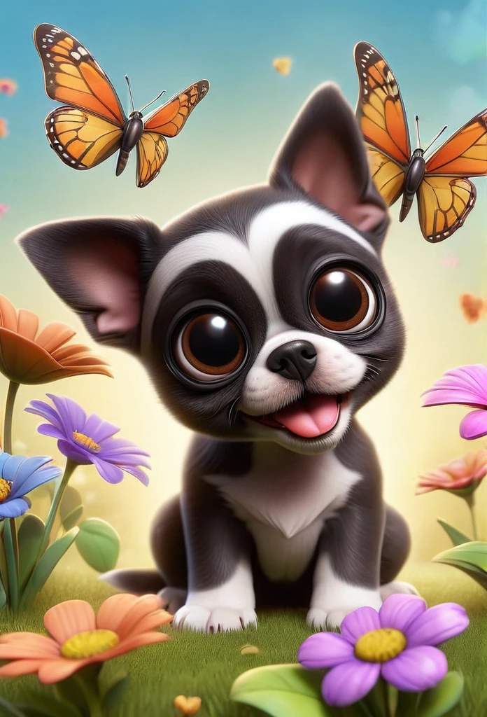 Adorable small tan boston Terrior puppy playing with black shih tzu puppies wearing sunglasses playing at park butterflies and flowers in background 3D Pixar style
