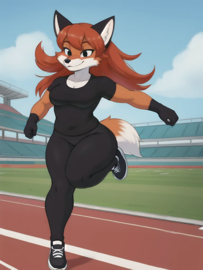 Furry, fox, female, black shirt, black leggings, shoes, running track, solo, full body