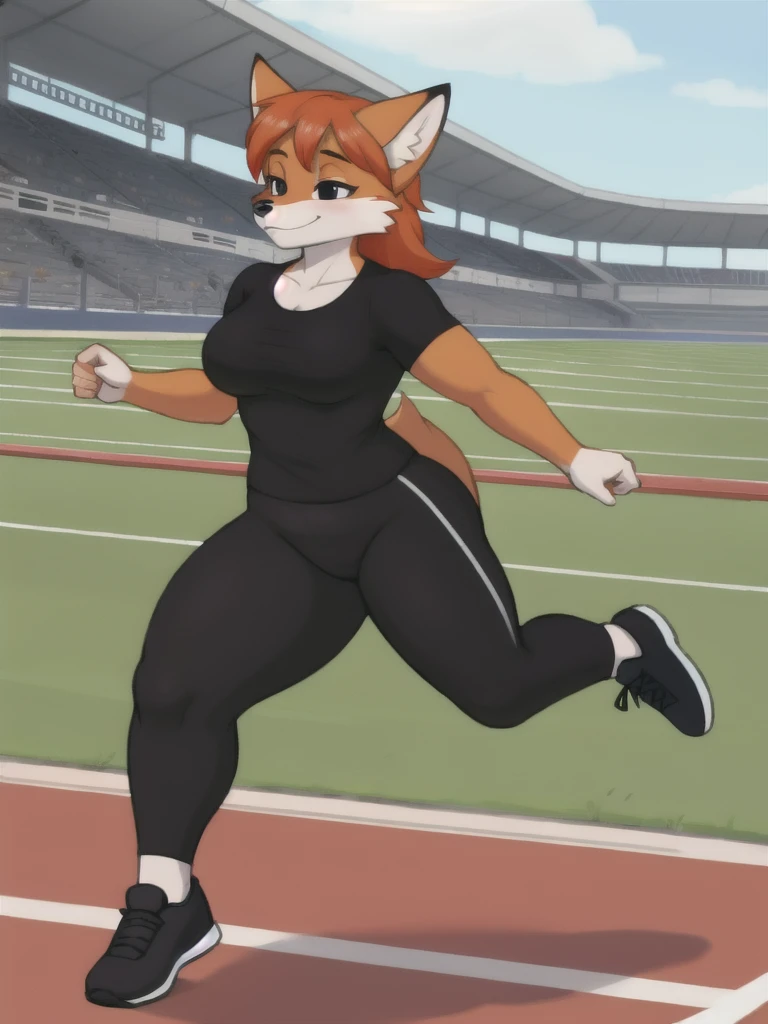 Furry, fox, female, black shirt, black leggings, shoes, running track, solo, full body