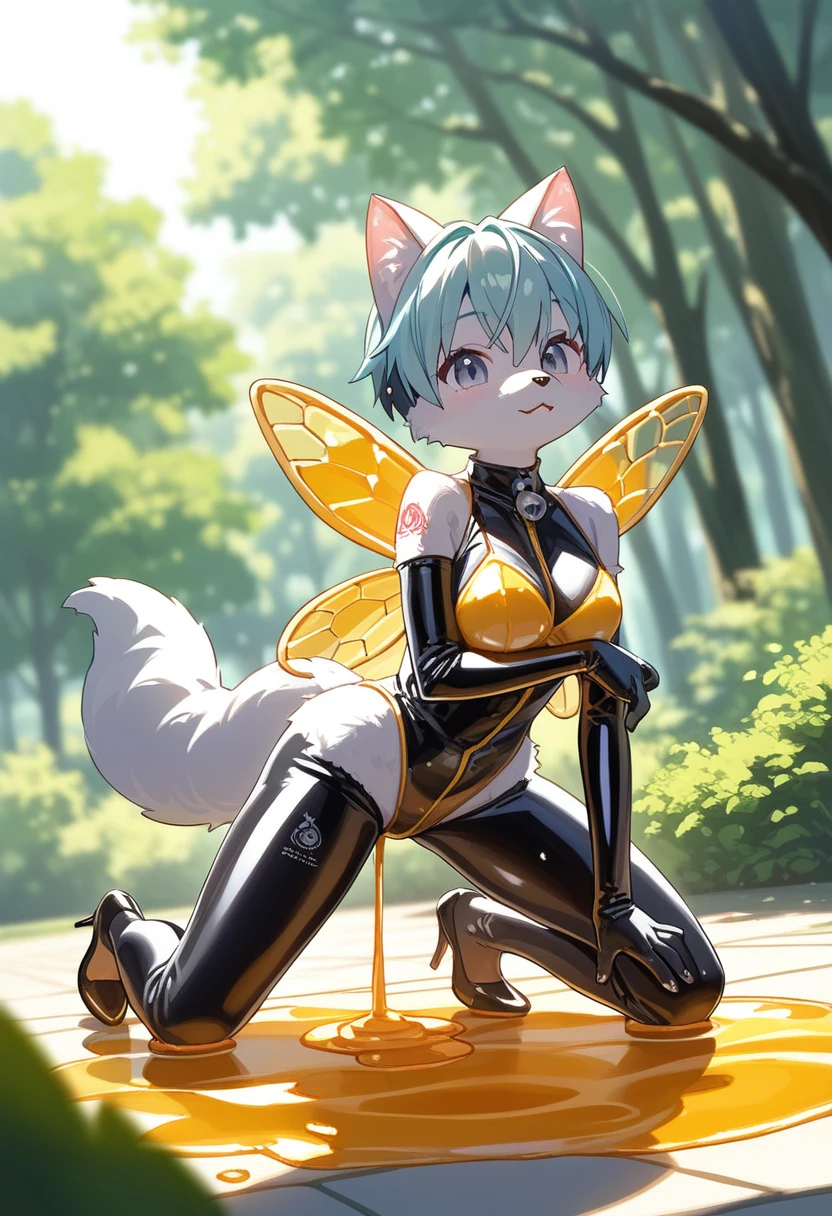 Highest quality, Highest quality, High quality illustrations, masterpiece, Ultra-high resolution, Detailed Background, honeycomb, in the forest, Absurd, Perfect Anatomy, performance, Good lighting, Shadows in the movies(kemono, Furry PersonifiCation), Cat, bee, Rubber suit, Honey Latex, Honey Lotion, neon, neonカラー, cyber punk, beeのコスチューム, beeのコスプレ, ゴム製のbeeのしっぽ, beeの羽, enamel, Honey Pool, Honey Lotionを浴びている, bee蜜のスライムで覆われた, Kneeling, Tattoo, High heels, Dynamic Angle