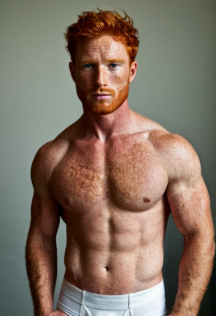 A red-haired man, body healed, Face with freckles, wearing no shirt, muscular arms, full breasts, white underpants,