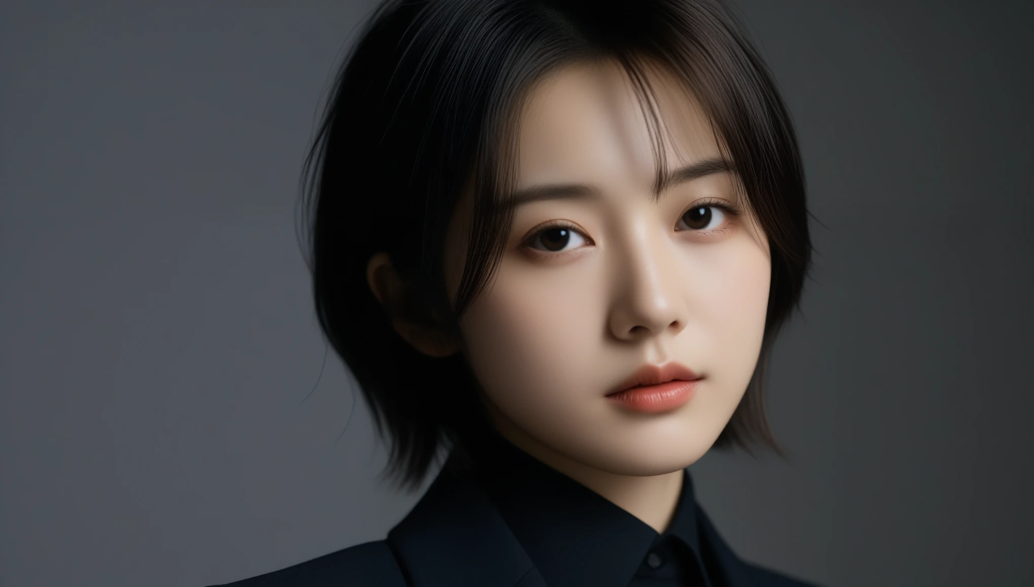 8k, Ultra-high resolution, Highest quality, masterpiece, 三分割法によるphotograph,Surreal, photograph, 1 Girl, (16 years old:1.3), pretty girl, Cute Face, Beautiful eyes in every detail, 細かくdetailedに,masterpiece,One Girl:1.2, Japan Female Announcer,upper body,from below,sad,streaming tears,Black short hair,Messy hair,(black suit:1.3),mourning clothes,(印象派の美しい少女のPortraiture), (Gray background:1.3),(Impressionist light and colour),Realistic Skin, Perfect and beautiful face ,完璧でCute Face, Skin with attention to detail, Perfect limbs、Narrow waist,Looking at the audience、beauty,Long neck,clavicle,(((Ideal body type))),A cup small breasts :2,Portraiture:2,Perfect Anatomy,鮮明なdetailed,detailed,Surreal,Light and shadow,spotlight