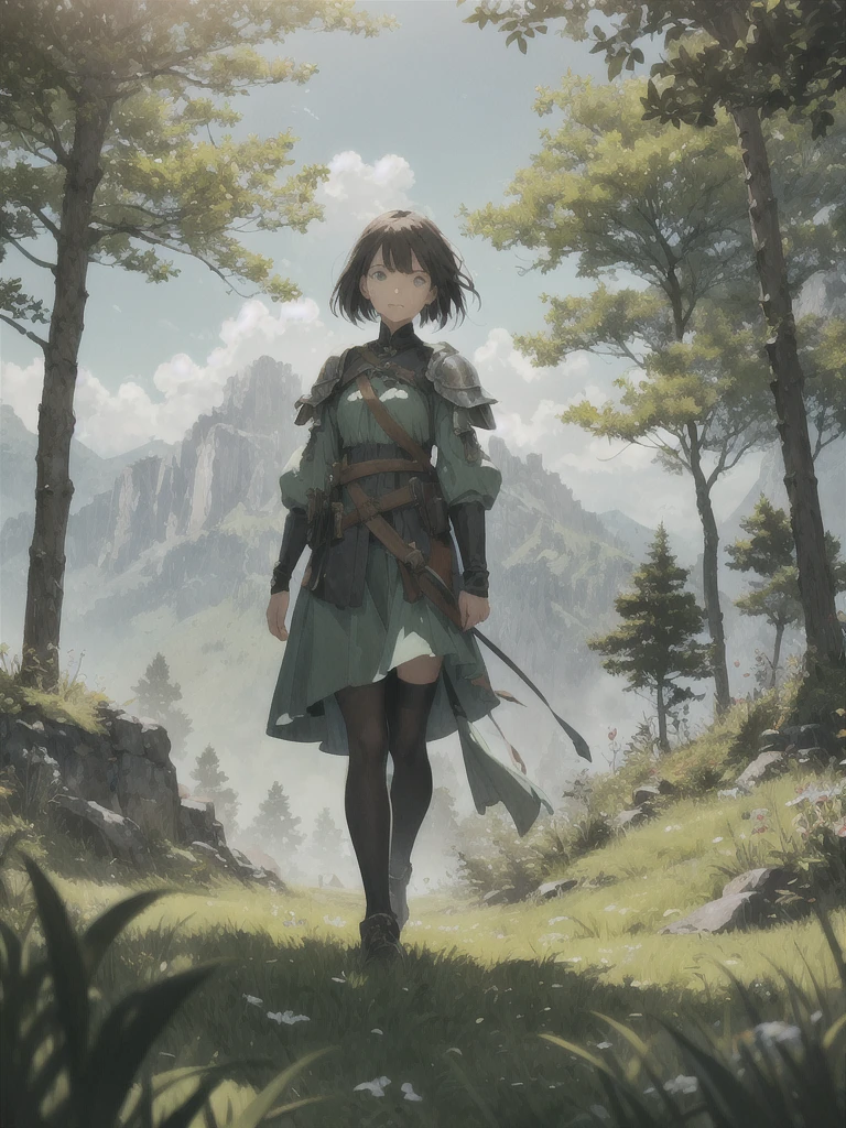 In a green meadow stands a girl leading a group of knights.
BREAK
With a brave expression, she guides them towards their destination.
BREAK
Behind her, a green forest stretches out and beyond that, mountains rise in the distance.
BREAK
The most suitable effect for this scene would be a watercolor painting technique to capture the softness of the meadow and the fluidity of the movement.