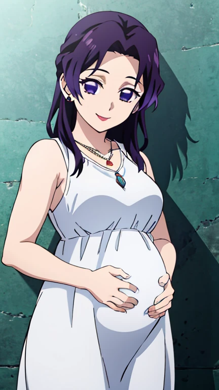 (Top Quality, 8K, High Resolution, Masterpiece: 1.2), Anime Art Style, Shinobu Kocho, 1 Girl, Perfect Face, Perfect Eyes, Soft Expression, Medium Breasts, Purple Hair, Long Hair, Pretty Parted bangs, purple eyes, narrow eyes, ((white dress, white clothes dress, Both shoulders exposed, necklace, earrings, smile, cowboy shot)), viewer appreciation, pregnant
