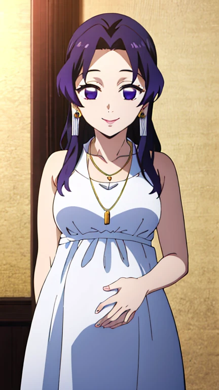 (Top Quality, 8K, High Resolution, Masterpiece: 1.2), Anime Art Style, Shinobu Kocho, 1 Girl, Perfect Face, Perfect Eyes, Soft Expression, Medium Breasts, Purple Hair, Long Hair, Pretty Parted bangs, purple eyes, narrow eyes, ((white dress, white clothes dress, Both shoulders exposed, necklace, earrings, smile, cowboy shot)), viewer appreciation, pregnant