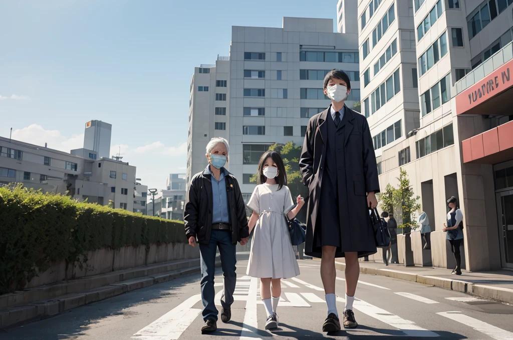 Many people wear masks. Walking in front of the hospital