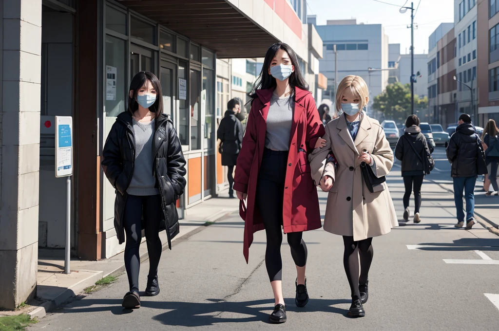 Many people wear masks. Walking in front of the hospital