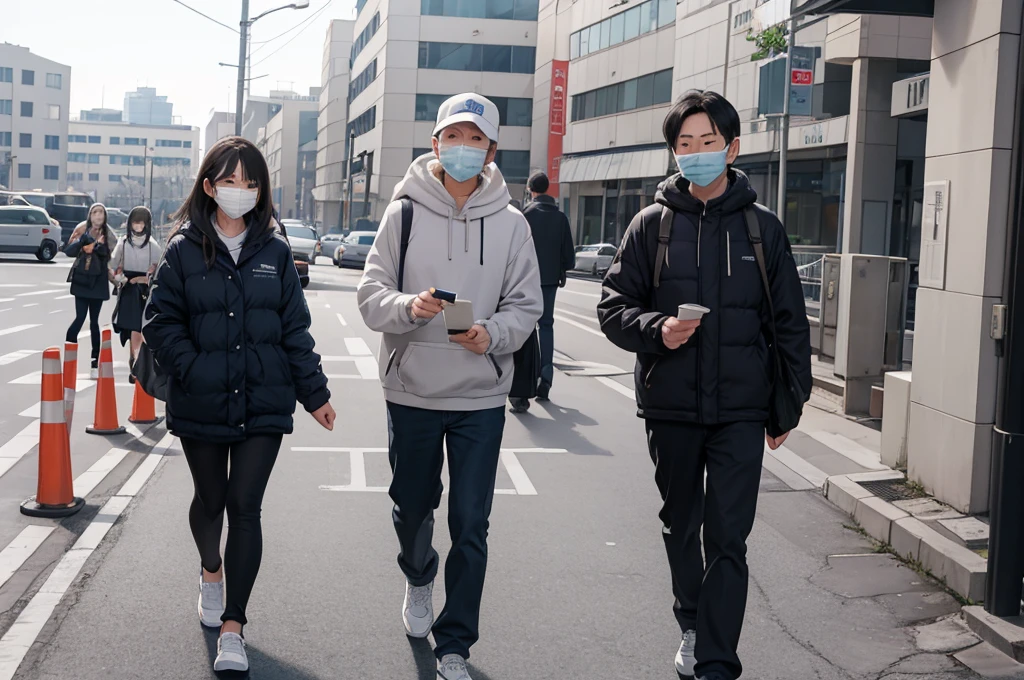 Many people wear masks. Walking in front of the hospital