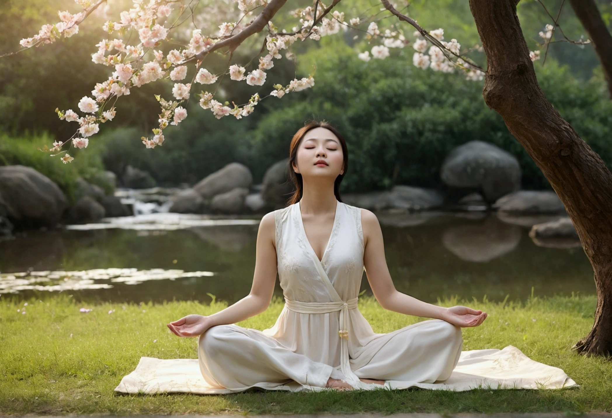 Realistic style, this photo depicts a Chinese woman gently closing her eyes, beautiful and confident, with a graceful figure, lifting her head and chest, upright facial features, sitting cross legged in a peaceful environment surrounded by trees, flowers, streams, and wide-angle lenses. There are birds chirping on the tree. She is meditating in a peaceful environment. The woman was wearing a white dress, adding a calm atmosphere to the scene. Chaoyang cast a warm glow in the background, sitting on the grass lost in thought. High quality, high detail, 8K resolution