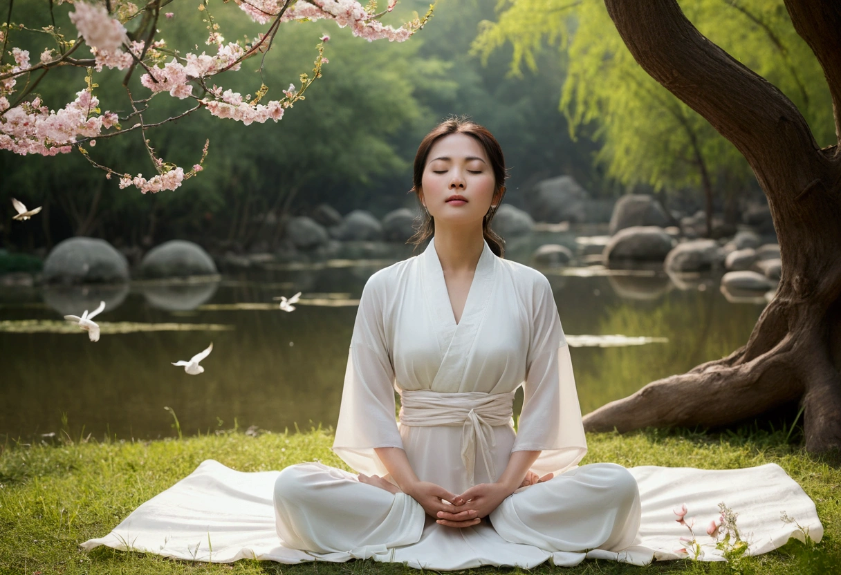 Realistic style, this photo depicts a Chinese woman gently closing her eyes, beautiful and confident, with a graceful figure, lifting her head and chest, upright facial features, sitting cross legged in a peaceful environment surrounded by trees, flowers, streams, and wide-angle lenses. There are birds chirping on the tree. She is meditating in a peaceful environment. The woman was wearing a white dress, adding a calm atmosphere to the scene. Chaoyang cast a warm glow in the background, sitting on the grass lost in thought. High quality, high detail, 8K resolution