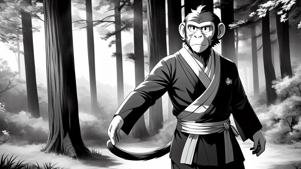 ((Masterpiece, high quality, best graphics, high definition, high definition, 4k)), old photo, vintage photo, 1 Monkey boy, (Solo), (((monkey ears, monkey tail))), ((upper body)), Wooden Katana in right hand, old samurai suit, old samurai pants, (ribbon on waist), wooden sandals, looking away, standing, (((monochrome, grayscale, pencil style, old movie style, noise, VHS movie, anime style))), (forest background, trees, tree shadow, grass, (((Saru to kani no Gassen anime 1917 style))).