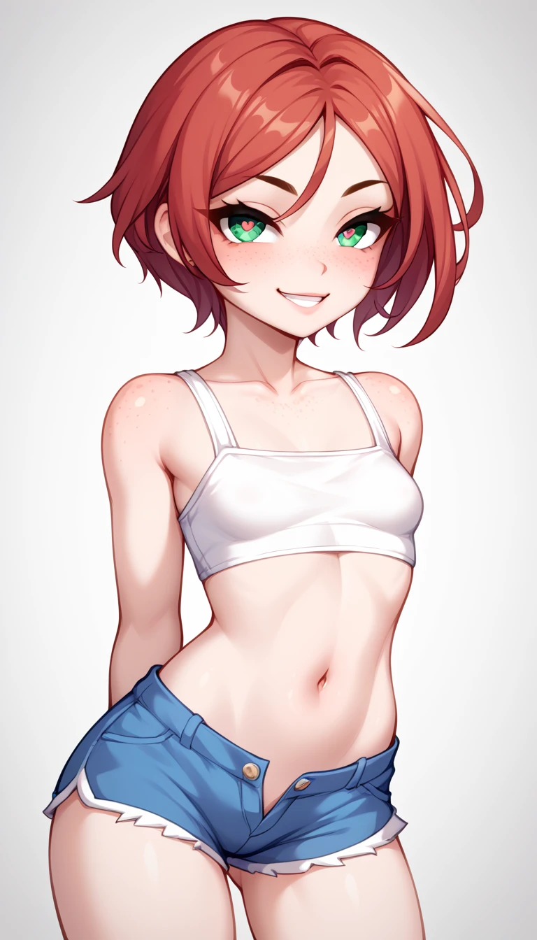 1 Girl, Small Breasts, Green Eyes, Heart Eyes, Deep Red Hair, Short Hair Style, Pale White Skin, Smooth Skin, Face Freckles, Slutty, Sexy, Sassy, Smirking, Tease, Teasing, Teasing, Sexy Pose, Young Girl, Very Small Girl, 8 Years Old, Crop Top, Booty Shorts, Low Camara Angel, Viewer Looking up at her,
