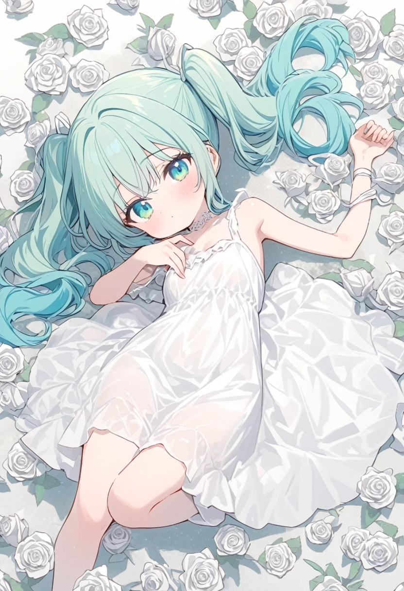soft line,HatsuneMiku(twin tail,blue green hair,girl,blue green eyes), a lot of White rose 🍎🍎 background,,White dress, lying on the floor, whole body