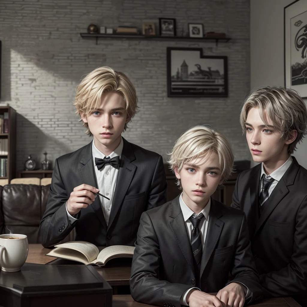 Make ONLY ONE blonde boy with green eyes and short wavy hair wearing a , gray blazer with black and white details, there is a school emblem of two dragons on the left side, which is in a modern living room, gray brick wall, painting with silver frame written "MYSTERY OF MAGIC INSTITUTE", Black and white sofa, there is a cauldron smoking, and shelf with books. from the bust up