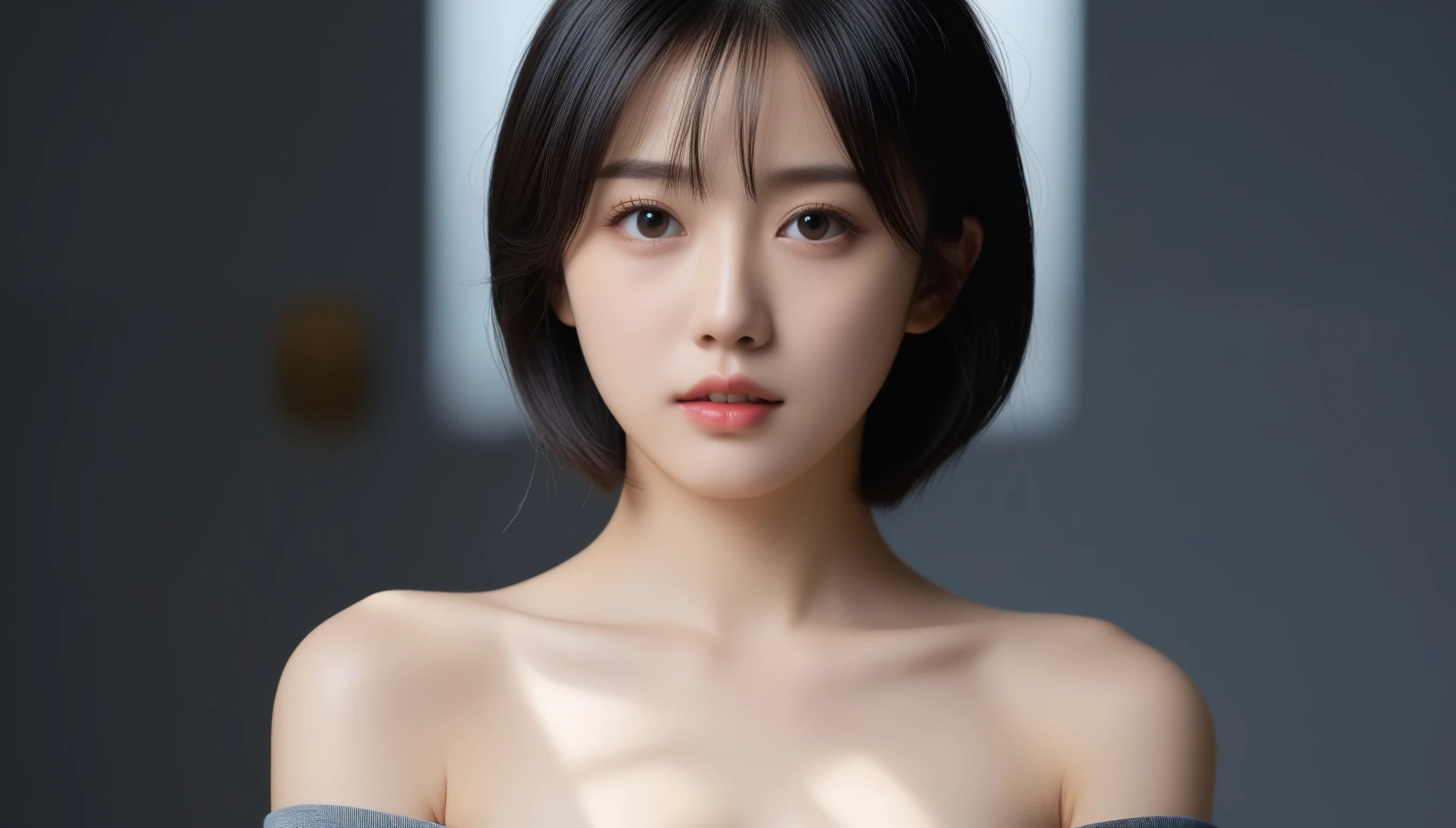 8k, Ultra-high resolution, Highest quality, masterpiece, 三分割法によるphotograph,Surreal, photograph, 1 Girl, (:1.3), pretty girl, Cute Face, Beautiful eyes in every detail, 細かくdetailedに,masterpiece,One Girl:1.2, Japan Female Announcer,upper body,from below,sad,streaming tears,Black short hair,Messy hair,(black suit:1.3),mourning clothes,(印象派の美しい少女のPortraiture), (Gray background:1.3),(Impressionist light and colour),Realistic Skin, Perfect and beautiful face ,完璧でCute Face, Skin with attention to detail, Perfect limbs、Narrow waist,Looking at the audience、beauty,Long neck,clavicle,(((Ideal body type))),A cup small breasts :2,Portraiture:2,Perfect Anatomy,鮮明なdetailed,detailed,Surreal,Light and shadow,spotlight