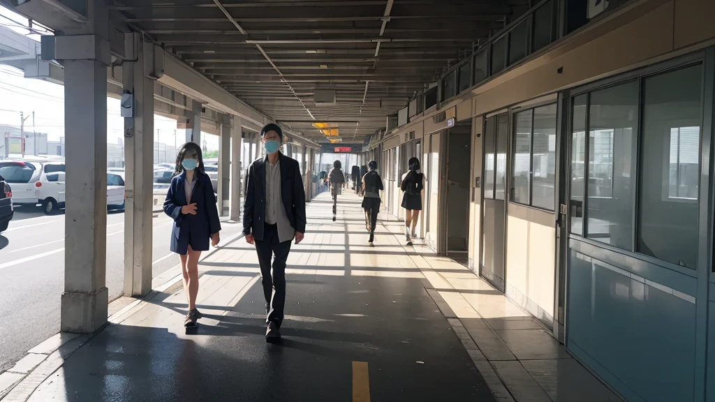 Many people wear masks. Walking in front of the hospital