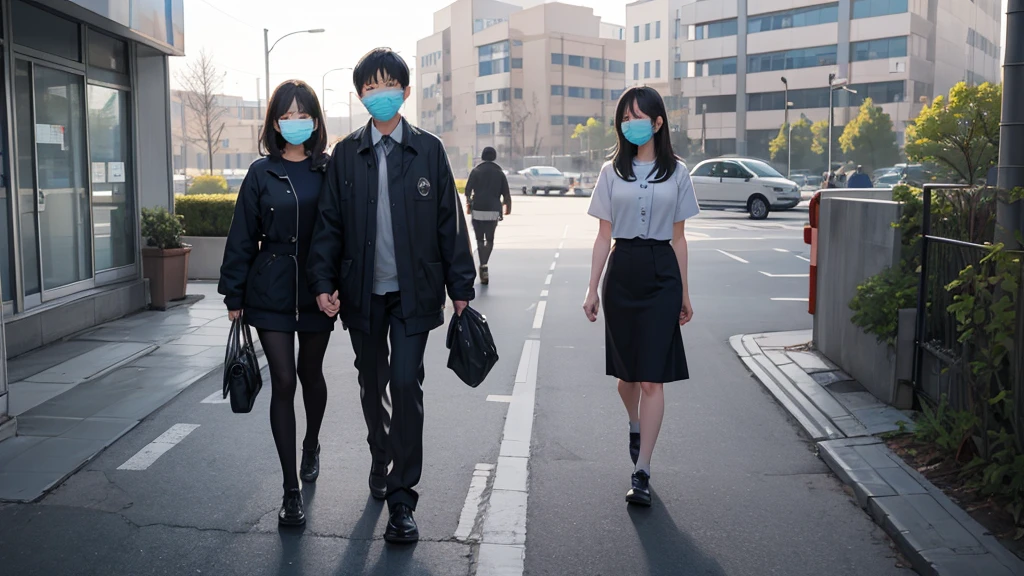 Many people wear masks. Walking in front of the hospital