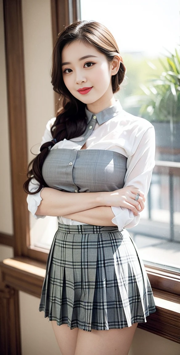 Highest quality, 1 beautiful woman, 28 years old, Oval face,Phoenix Eyes,Eyebrow, Double eyelids, Long eyelashes, A faint smile, ,S, 35mm lens, F/1, Cowboy Shot, Specific Background、Tiled background、Perm、Sweat,(Large breaSt bulge), ((Light grey Straight dreSS:1.1)),((Short plaid pleated skirt:1.3)), White shoes,Perfect proportion,Sexy pose, (a charming Smile:1.2), Perfect proportion,Sexy pose,look、Stare、HouSeplant、verdant、look到whole body、window,rha30