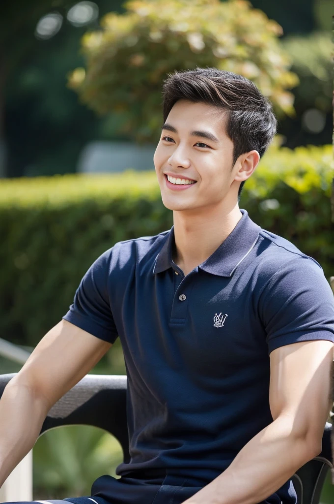 Korean man, Inspiration from Peng Yuyan, 23 years old, Korean muscular man ,The studio is in the back, a tight polo shirt., open mouth smile