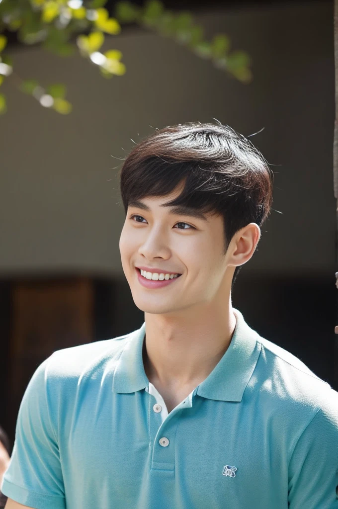 Korean man, Inspiration from Peng Yuyan, 23 years old, Korean muscular man ，The studio is in the back, a tight polo shirt., open mouth smile