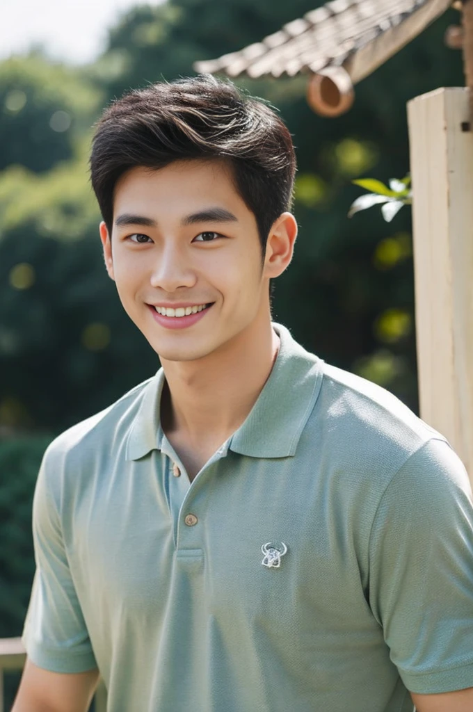 Korean man, Inspiration from Peng Yuyan, 23 years old, Korean muscular man ,The studio is in the back, a tight polo shirt., open mouth smile