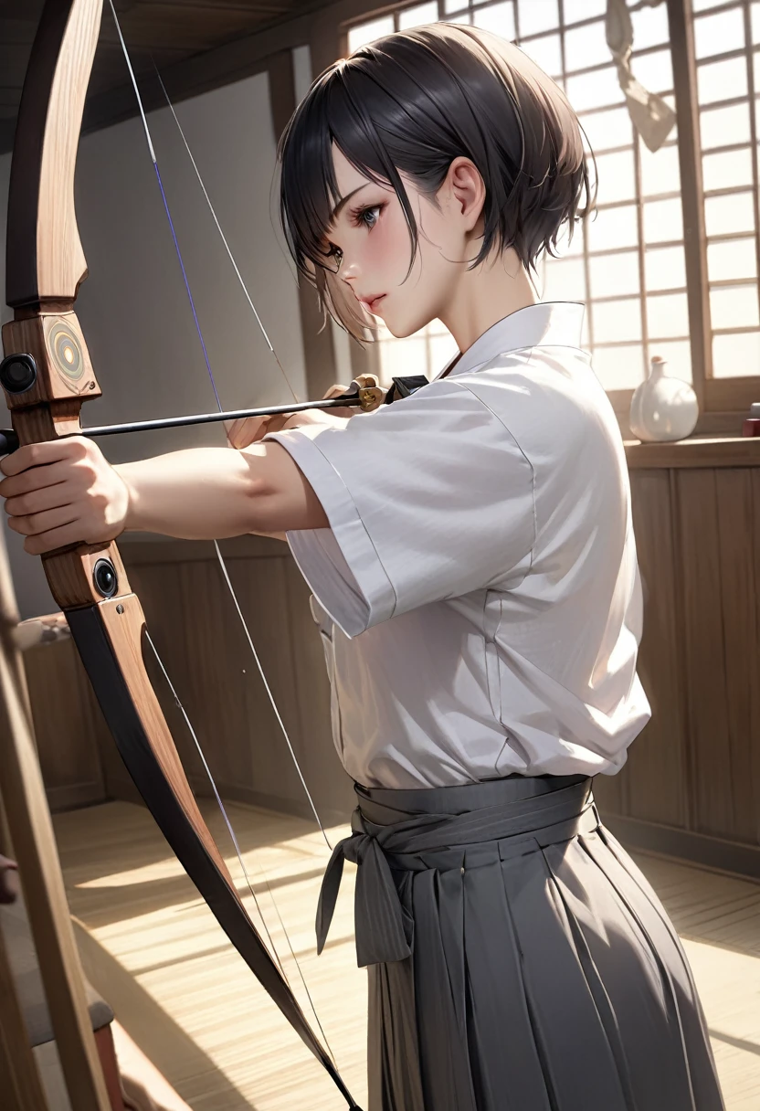 {{masterpiece、Highest quality、(((Realistic、Realistic:1.37)))、One Girl, 8K quality、Very delicate and beautiful、wonderful、Large file size、Very detailed、Very detailed、Cinema Lighting}}、Small breasts, Hinyuu,Tomboy,Looks like a boy,Very short hair,Black Hair,Boys Haircut,Short sleeve,,Bow and Arrow,Target,aiming Target,(White kimono) (Gray Hakama),kimono,Japanese Dojo, Drawing Bow Anatomically Accurate Body Drawing、The rooms and gardens of Japanese feudal lords'residence of、With a bow and arrow in hand,Combat Stance