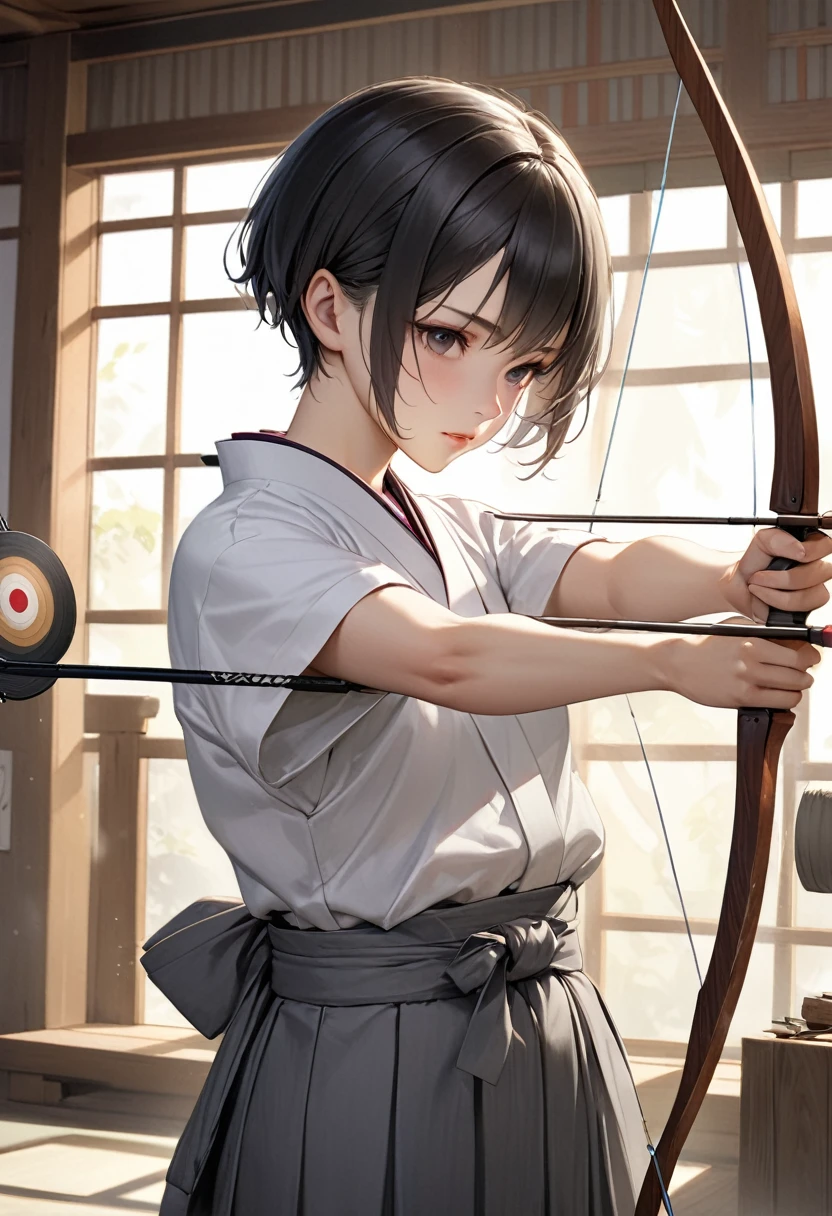{{masterpiece、Highest quality、(((Realistic、Realistic:1.37)))、One Girl, 8K quality、Very delicate and beautiful、wonderful、Large file size、Very detailed、Very detailed、Cinema Lighting}}、Small breasts, Hinyuu,Tomboy,Looks like a boy,Very short hair,Black Hair,Boys Haircut,Short sleeve,,Bow and Arrow,Target,aiming Target,(White kimono) (Gray Hakama),kimono,Japanese Dojo, Drawing Bow Anatomically Accurate Body Drawing、The rooms and gardens of Japanese feudal lords'residence of、With a bow and arrow in hand,Combat Stance