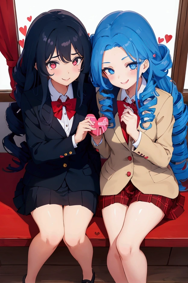 (2 cute girls, holding valentine chocolate) ((face each other, give each other Valentine's day chocolates)),(in a school blazer), in the school classroom, break, (one girl is forehead blue hair long hair blue eyes love smile glossy mouth), break, (one girl is curly black hair long hair red eyes sexy smile), break, perfect anatomy, masterpiece:1.2, best quality, 8k, beautiful detailed grow, daydreaming expression,