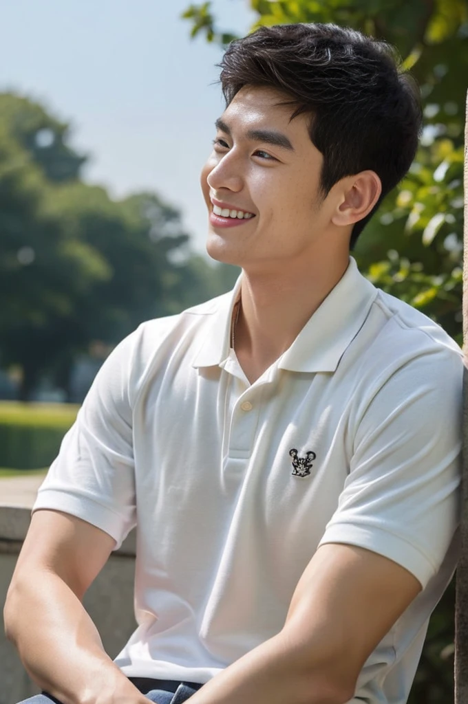Korean man, Inspiration from Peng Yuyan, 23 years old, Korean muscular man ,The studio is in the back, a tight polo shirt., open mouth smile