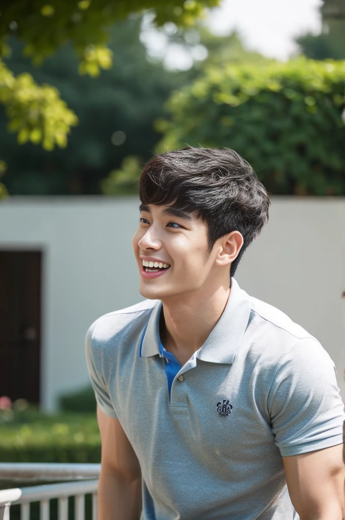 Korean man, Inspiration from Peng Yuyan, 23 years old, Korean muscular man ，The studio is in the back, a tight polo shirt., open mouth smile