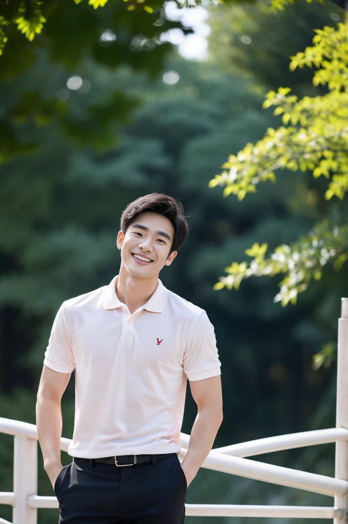 Korean man, Inspiration from Peng Yuyan, 23 years old, Korean muscular man ,The studio is in the back, a tight polo shirt., open mouth smile