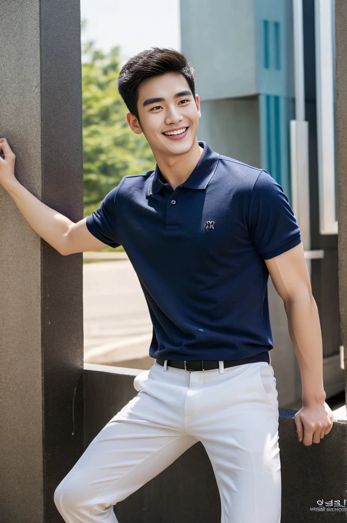 Korean man, Inspiration from Peng Yuyan, 23 years old, Korean muscular man ，The studio is in the back, a tight polo shirt., open mouth smile